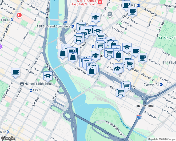 map of restaurants, bars, coffee shops, grocery stores, and more near 139 Alexander Avenue in The Bronx