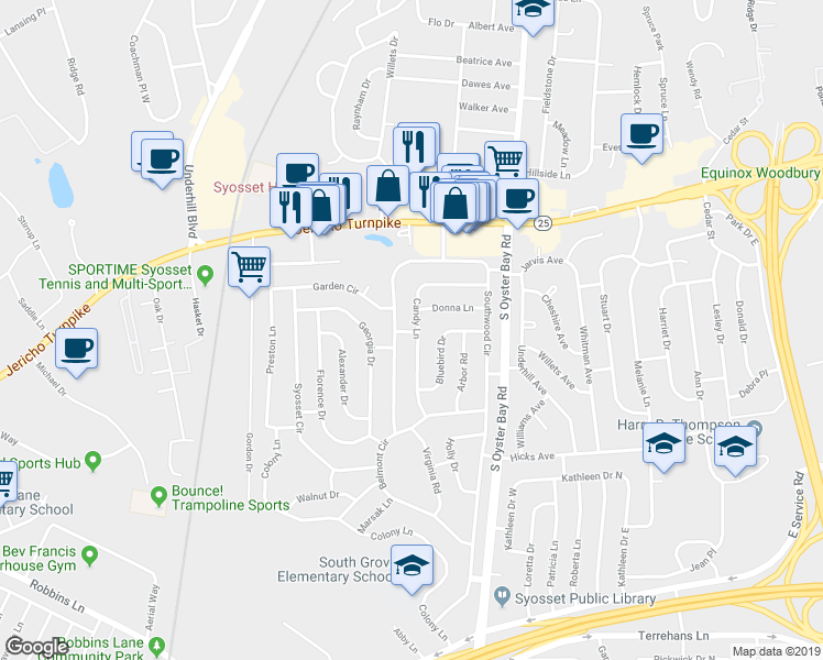 map of restaurants, bars, coffee shops, grocery stores, and more near 51 Candy Lane in Syosset