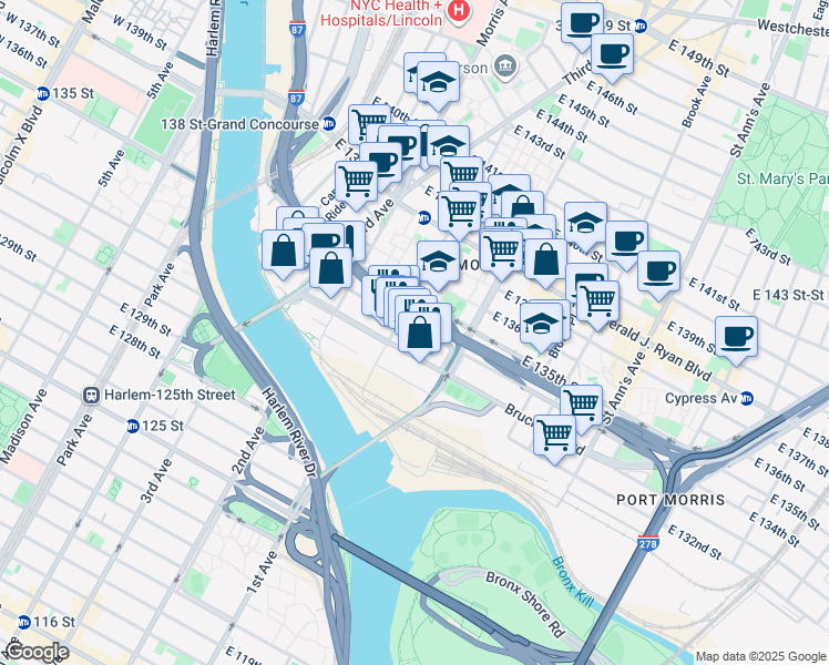 map of restaurants, bars, coffee shops, grocery stores, and more near 344 East 134th Street in The Bronx