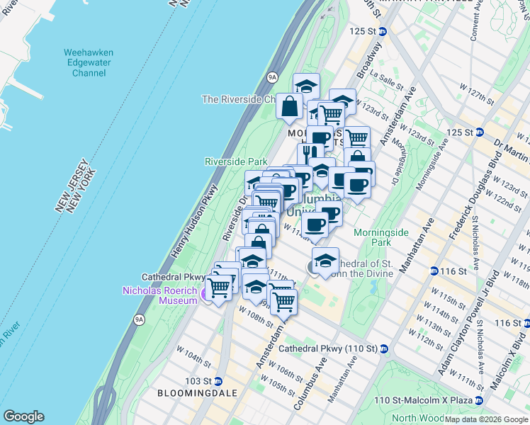 map of restaurants, bars, coffee shops, grocery stores, and more near in New York