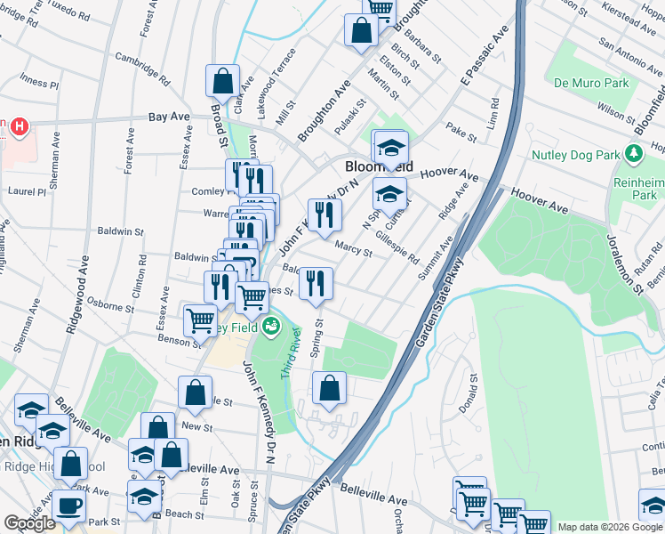 map of restaurants, bars, coffee shops, grocery stores, and more near 50 Beekman Street in Bloomfield