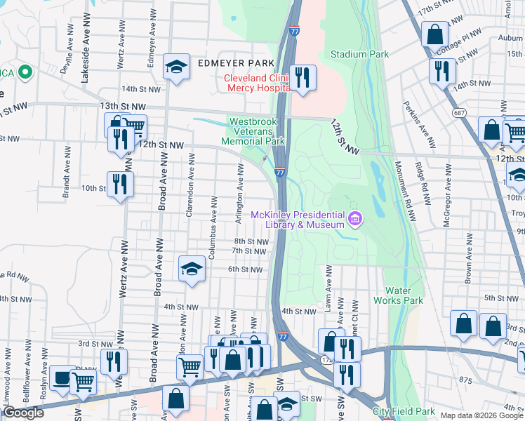 map of restaurants, bars, coffee shops, grocery stores, and more near 2306 10th Street Northwest in Canton