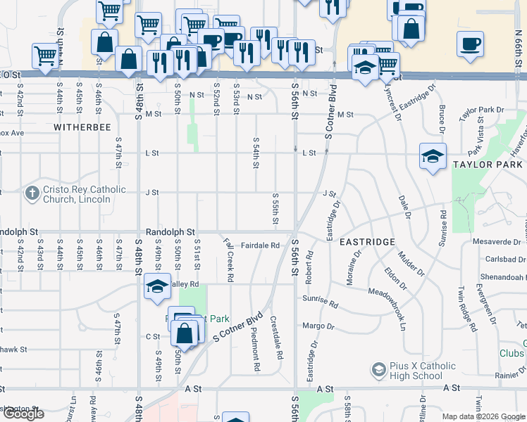 map of restaurants, bars, coffee shops, grocery stores, and more near 5415 J Street in Lincoln