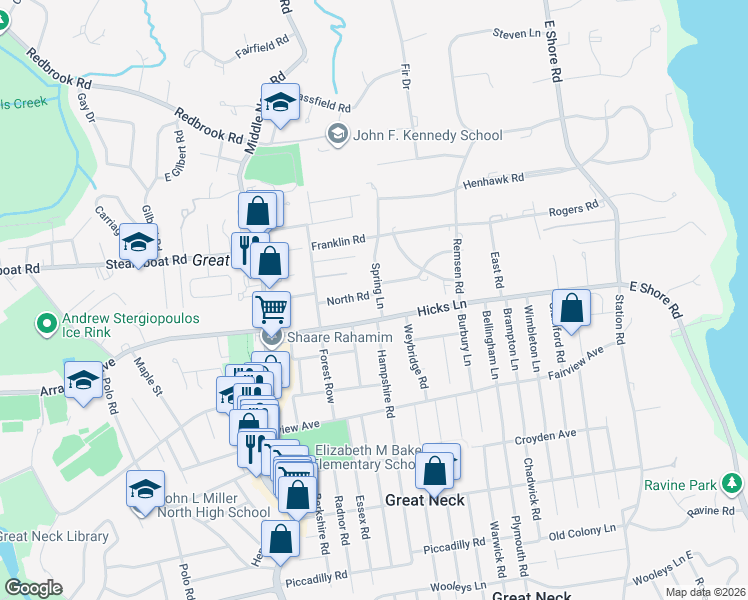 map of restaurants, bars, coffee shops, grocery stores, and more near 43 North Road in Kings Point