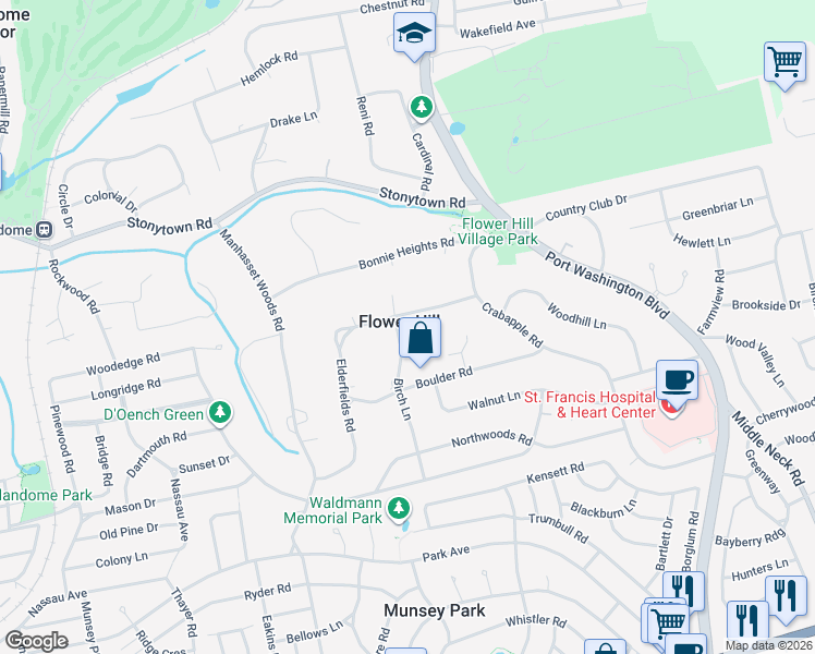 map of restaurants, bars, coffee shops, grocery stores, and more near in Flower Hill