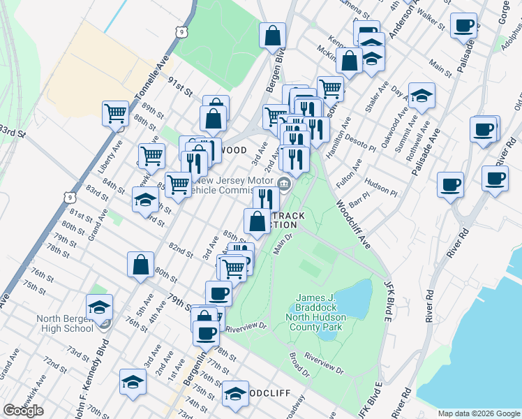 map of restaurants, bars, coffee shops, grocery stores, and more near in North Bergen