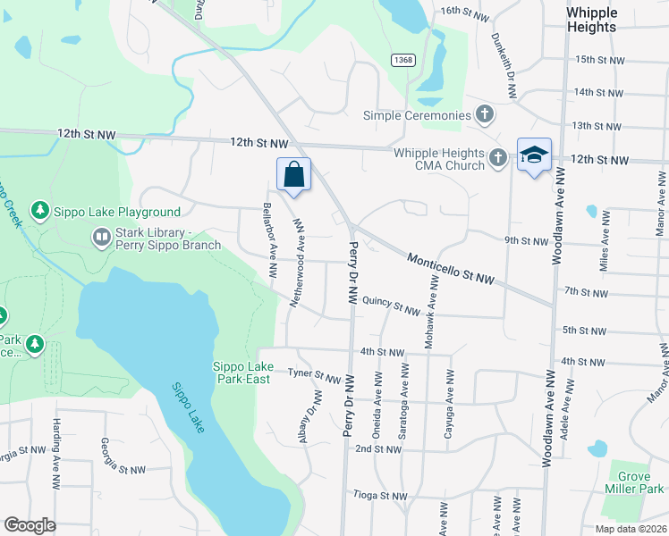 map of restaurants, bars, coffee shops, grocery stores, and more near 803 Perry Drive Northwest in Canton