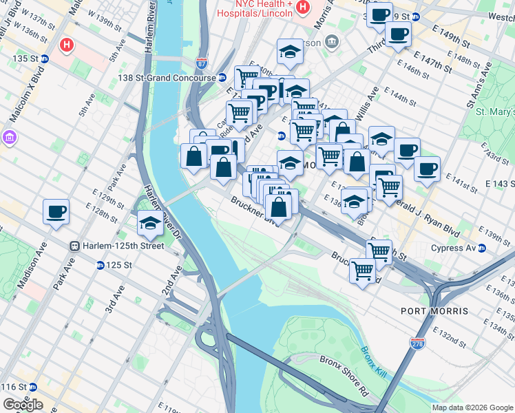 map of restaurants, bars, coffee shops, grocery stores, and more near in The Bronx