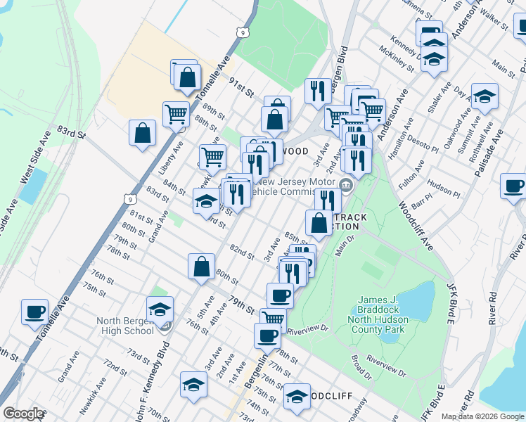 map of restaurants, bars, coffee shops, grocery stores, and more near 8607 4th Avenue in North Bergen