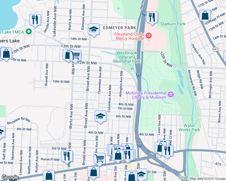 map of restaurants, bars, coffee shops, grocery stores, and more near 2500 10th Street Northwest in Canton
