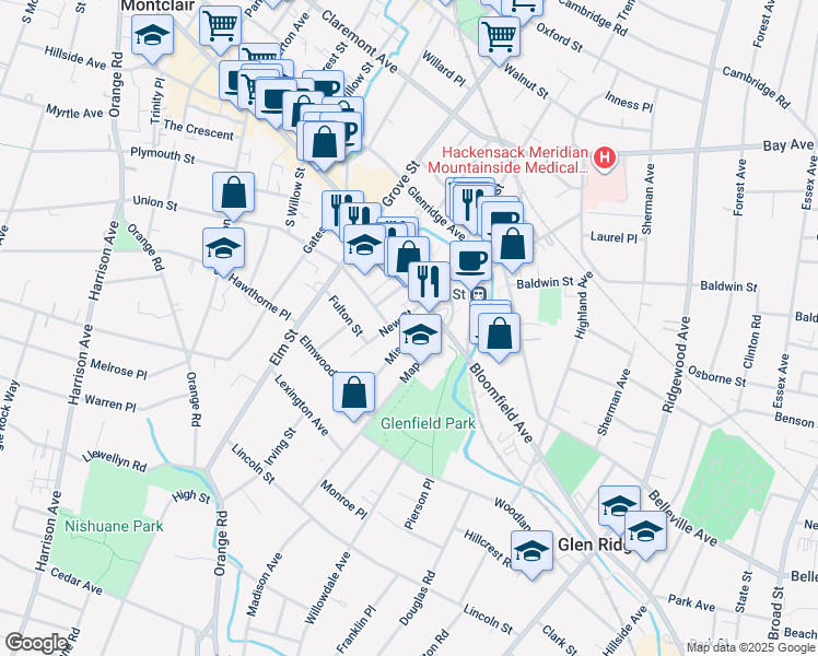 map of restaurants, bars, coffee shops, grocery stores, and more near 3 New Street in Montclair