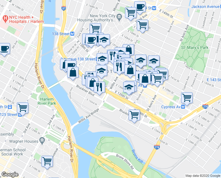 map of restaurants, bars, coffee shops, grocery stores, and more near East 135th Street in New York