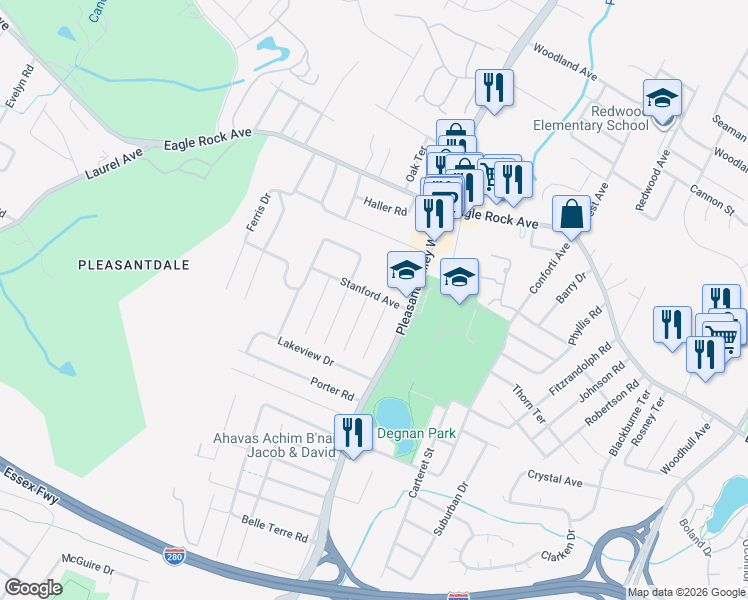 map of restaurants, bars, coffee shops, grocery stores, and more near 16 Stanford Avenue in West Orange
