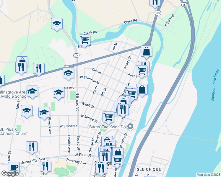 map of restaurants, bars, coffee shops, grocery stores, and more near Elderberry Alley in Selinsgrove