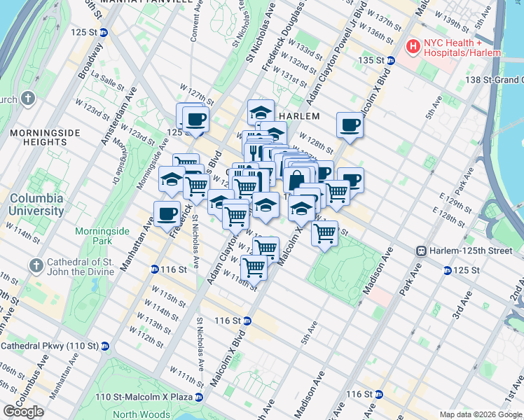 map of restaurants, bars, coffee shops, grocery stores, and more near 157 West 123rd Street in New York