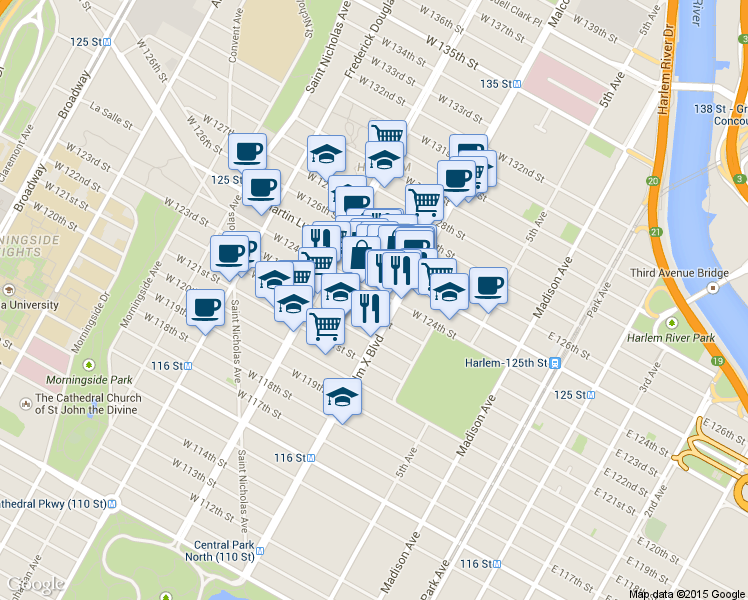 map of restaurants, bars, coffee shops, grocery stores, and more near 123 Adam Clayton Powell Junior Boulevard in New York