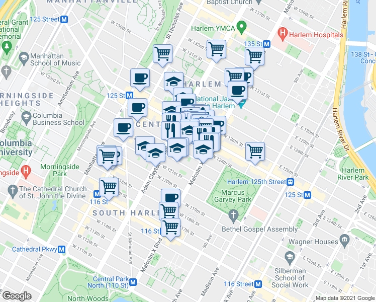map of restaurants, bars, coffee shops, grocery stores, and more near 123 Adam Clayton Powell Junior Boulevard in New York