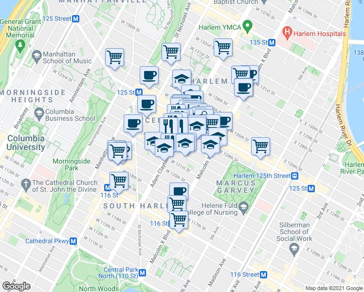 map of restaurants, bars, coffee shops, grocery stores, and more near 157 West 123rd Street in New York