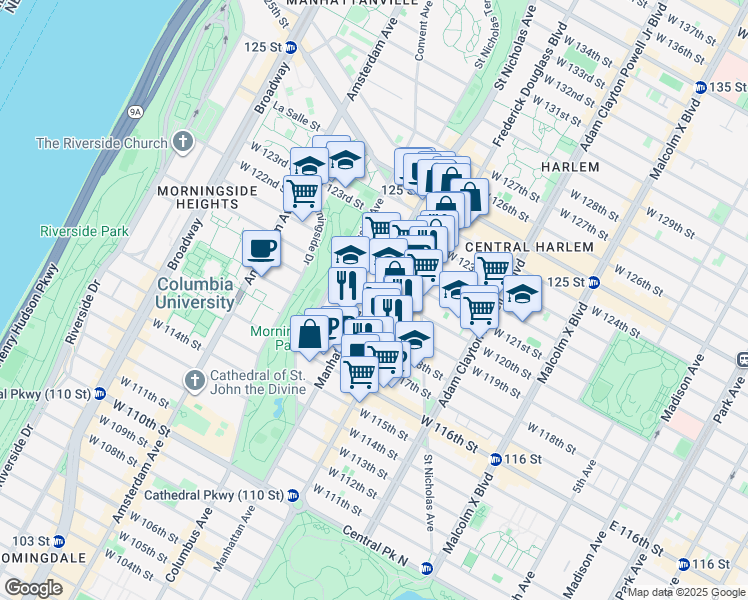 map of restaurants, bars, coffee shops, grocery stores, and more near 315 West 120th Street in New York