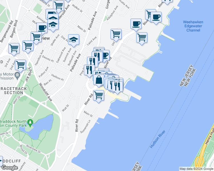 map of restaurants, bars, coffee shops, grocery stores, and more near 26 The Promenade in Edgewater