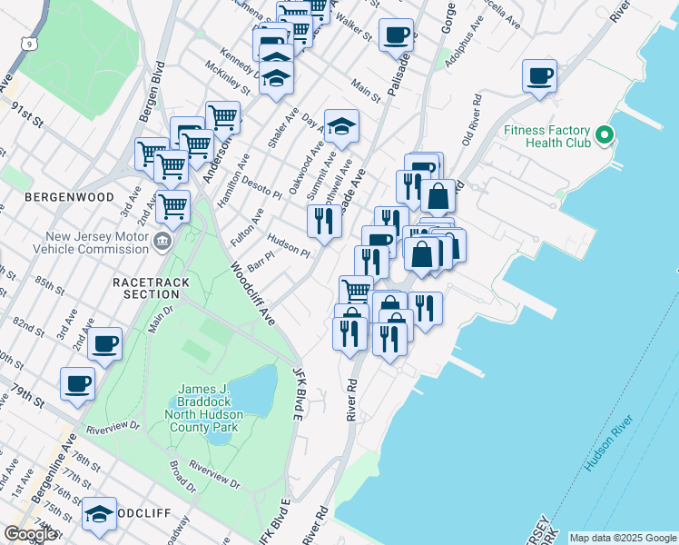 map of restaurants, bars, coffee shops, grocery stores, and more near 54 Palisade Avenue in Cliffside Park