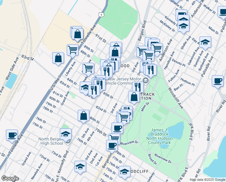map of restaurants, bars, coffee shops, grocery stores, and more near 8607 4th Avenue in North Bergen