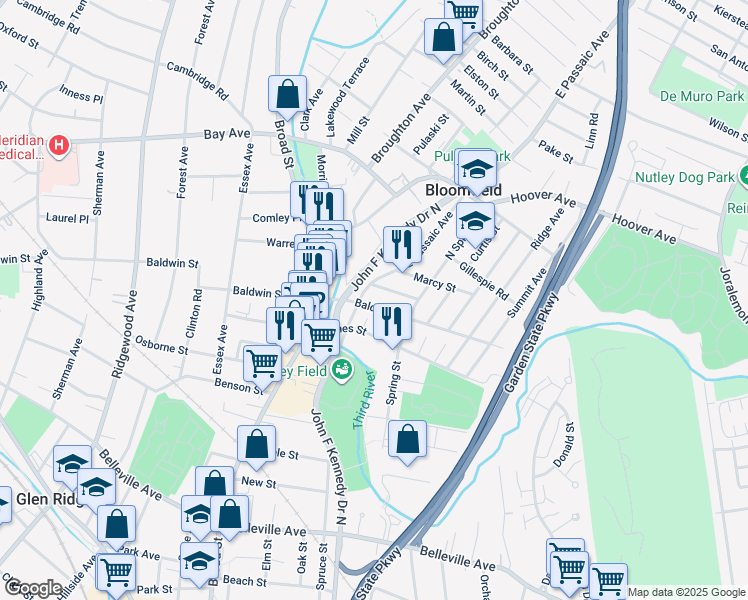 map of restaurants, bars, coffee shops, grocery stores, and more near 9 Beekman Street in Bloomfield