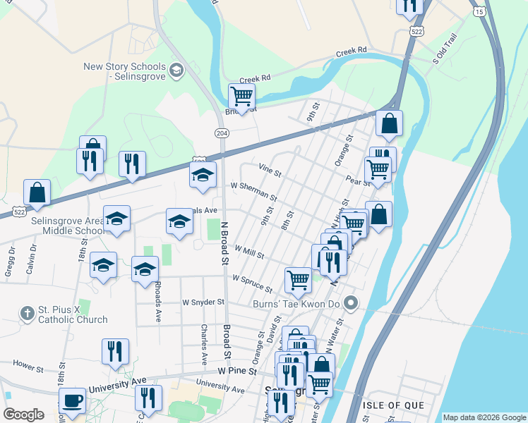 map of restaurants, bars, coffee shops, grocery stores, and more near 605 River Road in Selinsgrove