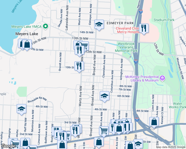 map of restaurants, bars, coffee shops, grocery stores, and more near 917 Broad Avenue Northwest in Canton