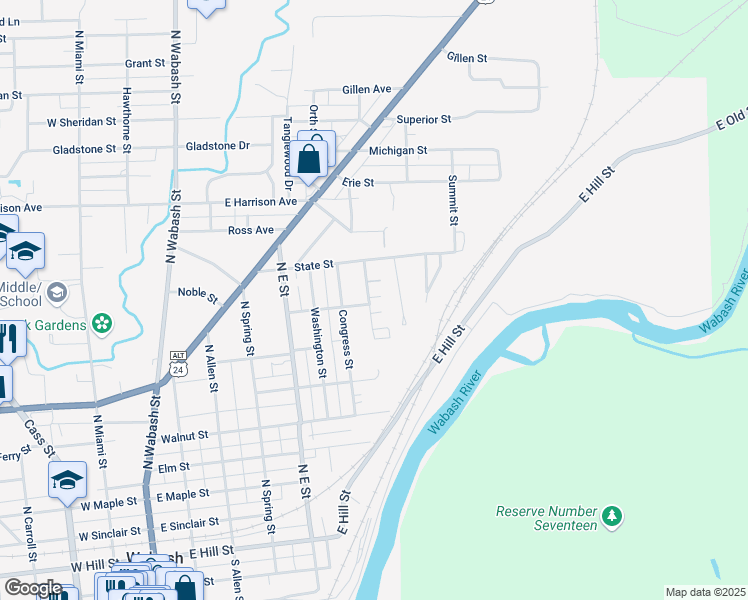 map of restaurants, bars, coffee shops, grocery stores, and more near 726-754 Centennial Street in Wabash