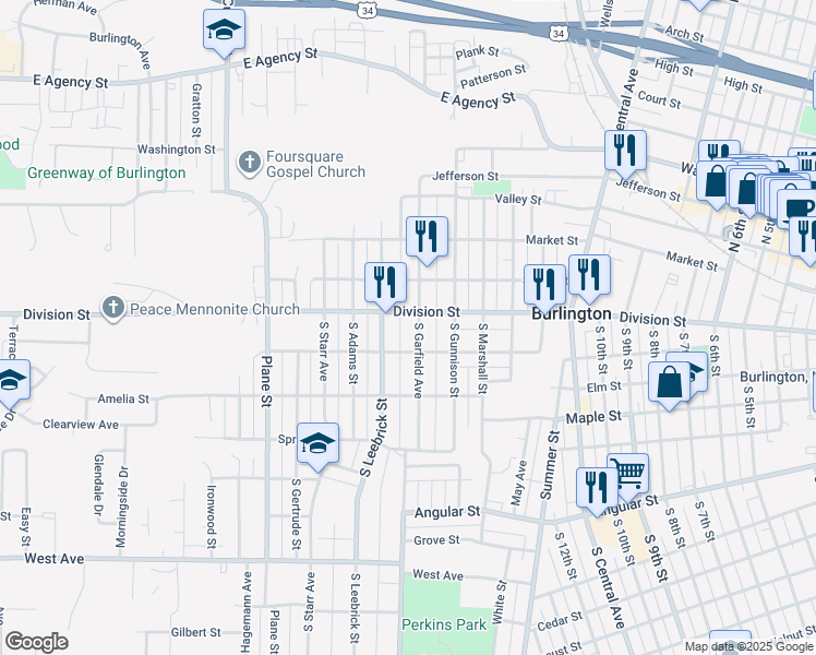 map of restaurants, bars, coffee shops, grocery stores, and more near 303 South Garfield Avenue in Burlington