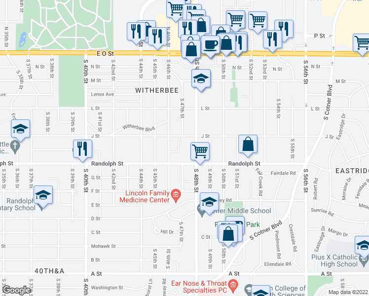 map of restaurants, bars, coffee shops, grocery stores, and more near 610 South 48th Street in Lincoln