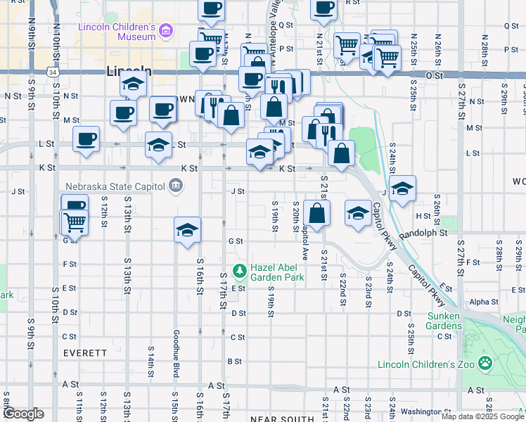 map of restaurants, bars, coffee shops, grocery stores, and more near 1829 J Street in Lincoln