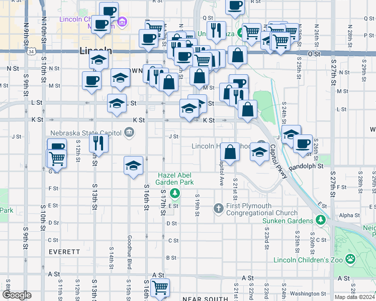 map of restaurants, bars, coffee shops, grocery stores, and more near 1829 J Street in Lincoln