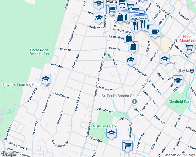 map of restaurants, bars, coffee shops, grocery stores, and more near Harrison Avenue & Gates Avenue in Montclair