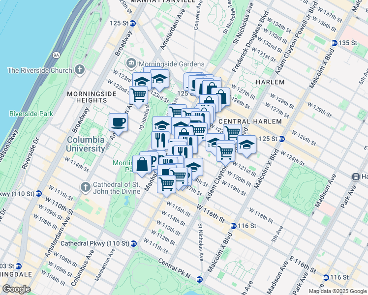 map of restaurants, bars, coffee shops, grocery stores, and more near West 120th Street in New York