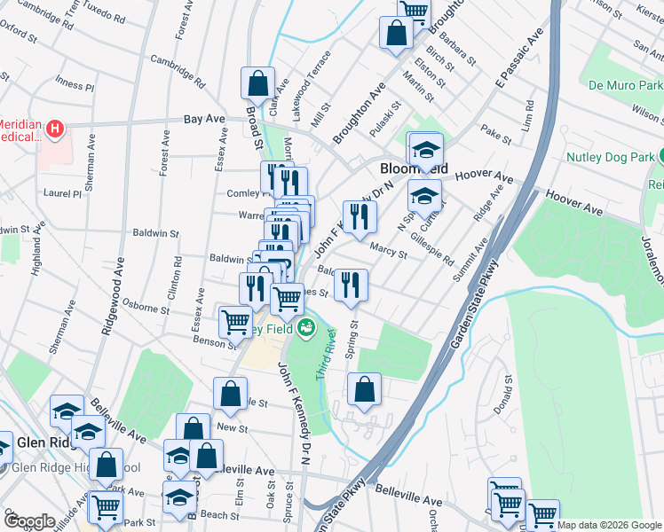 map of restaurants, bars, coffee shops, grocery stores, and more near 9 Beekman Street in Bloomfield