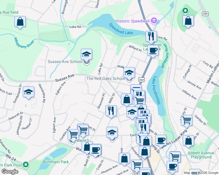 map of restaurants, bars, coffee shops, grocery stores, and more near 78 Sussex Avenue in Morristown