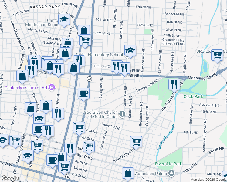 map of restaurants, bars, coffee shops, grocery stores, and more near 1124 Plain Avenue Northeast in Canton