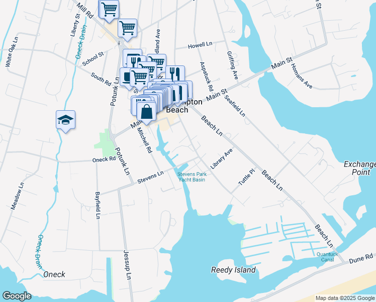 map of restaurants, bars, coffee shops, grocery stores, and more near 35 Library Avenue in Westhampton Beach