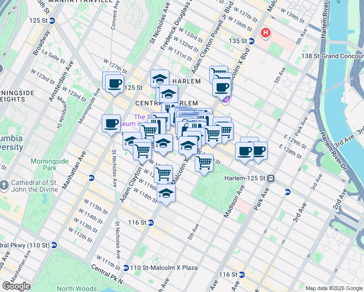 map of restaurants, bars, coffee shops, grocery stores, and more near 123 Adam Clayton Powell Junior Boulevard in New York