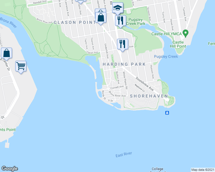 map of restaurants, bars, coffee shops, grocery stores, and more near Bronx River Ave & North St in Bronx
