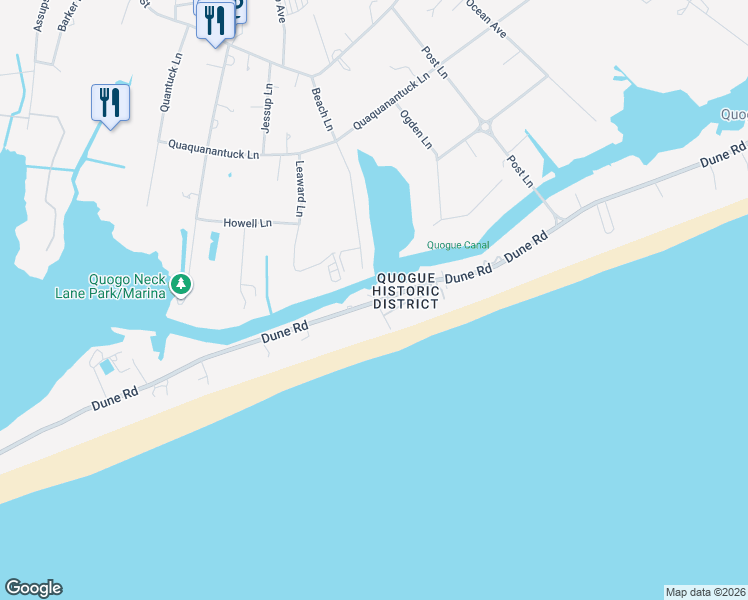 map of restaurants, bars, coffee shops, grocery stores, and more near 55 Beach Lane in Quogue