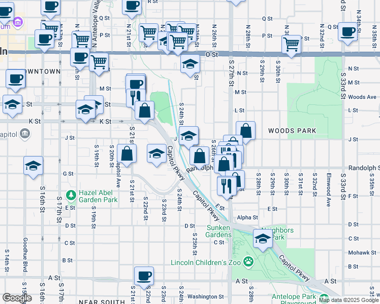 map of restaurants, bars, coffee shops, grocery stores, and more near 643 South 25th Street in Lincoln