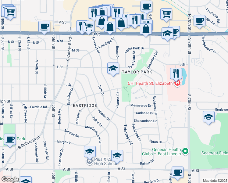 map of restaurants, bars, coffee shops, grocery stores, and more near 6215 Randolph Street in Lincoln