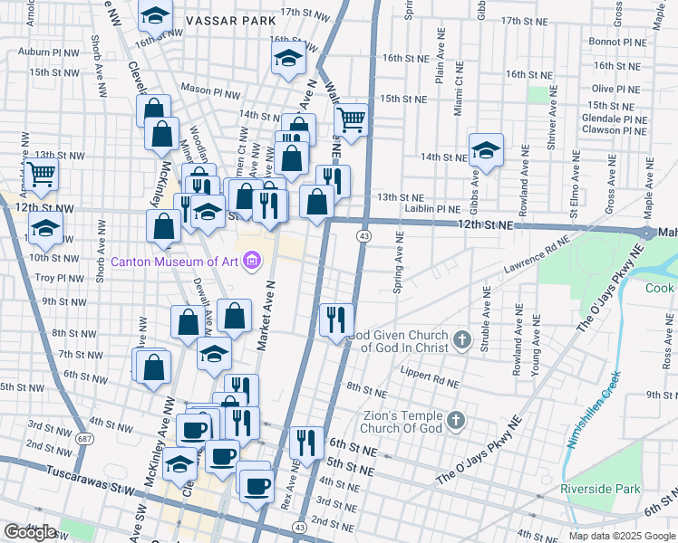map of restaurants, bars, coffee shops, grocery stores, and more near 398 11th Street Northeast in Canton