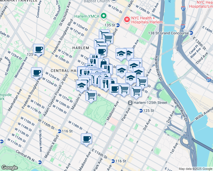 map of restaurants, bars, coffee shops, grocery stores, and more near 23 West 125th Street in New York