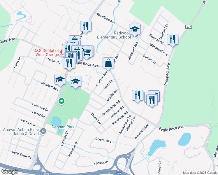 map of restaurants, bars, coffee shops, grocery stores, and more near 8 Barry Drive in West Orange