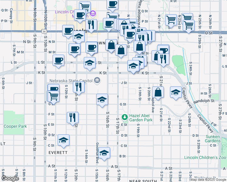 map of restaurants, bars, coffee shops, grocery stores, and more near 1630 H Street in Lincoln