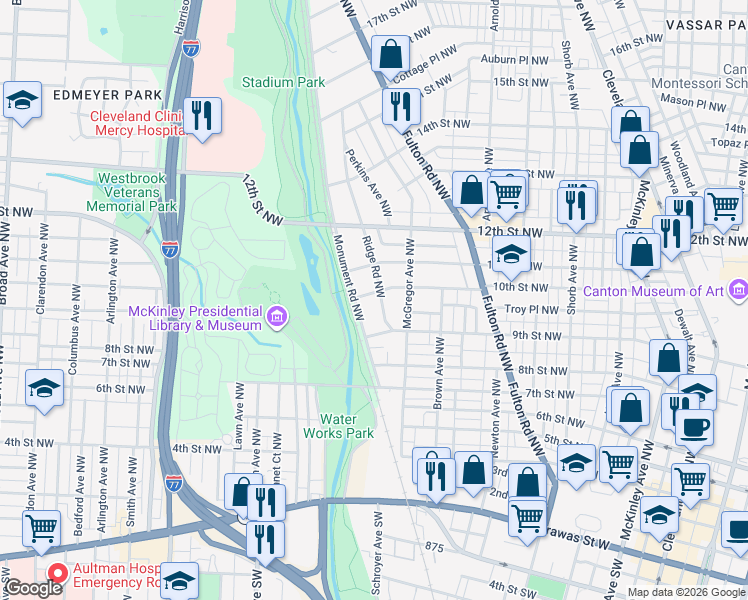 map of restaurants, bars, coffee shops, grocery stores, and more near 936 Ridge Road Northwest in Canton